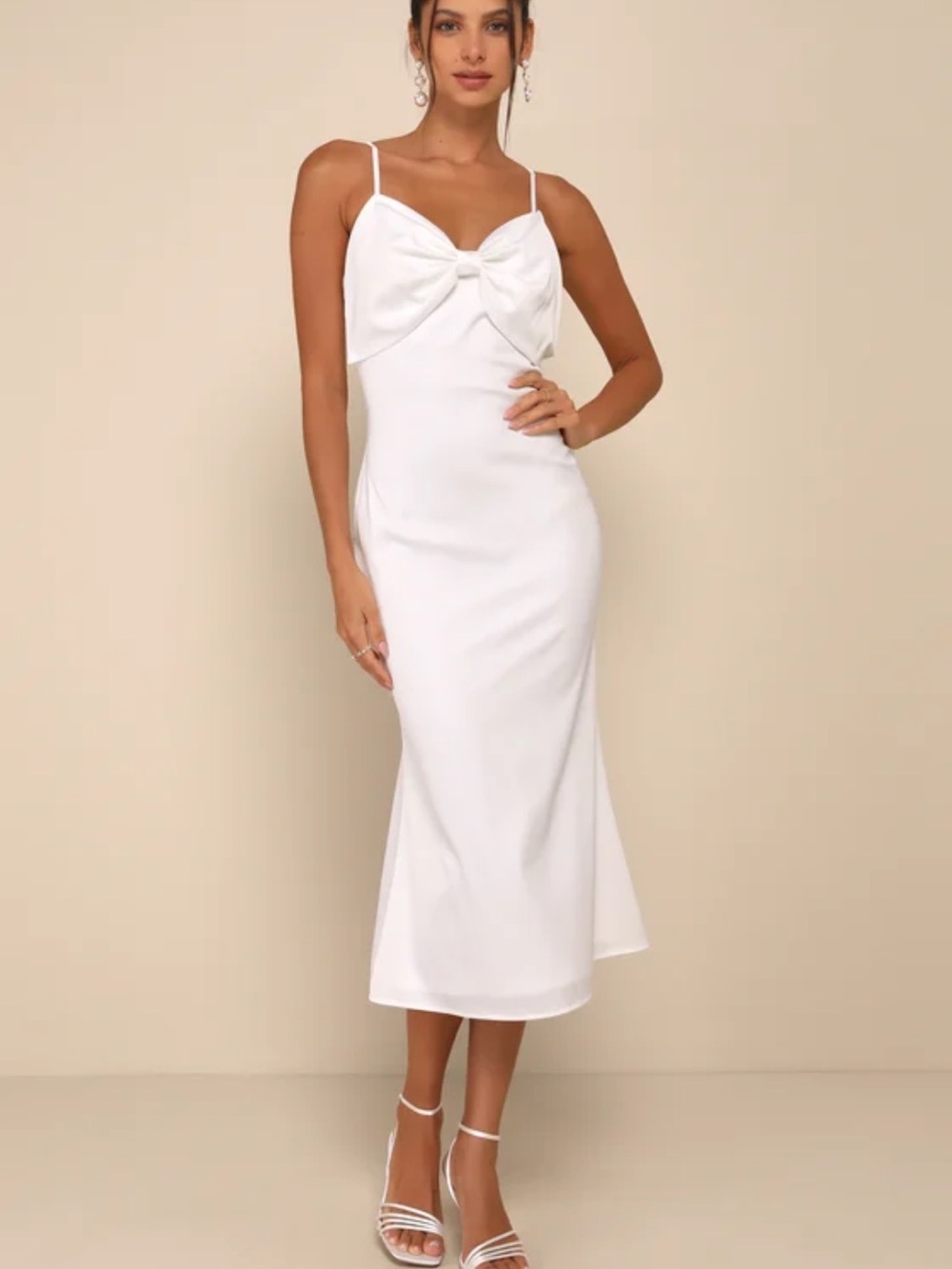 Elegant White Bow-Front Slip Midi Dress
